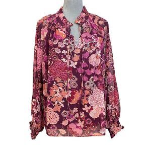 Fate Floral Print Tie Neck Top Blouse Multicolor L Hippie Boho Gypsy Spring